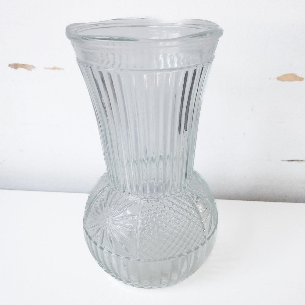 Clear Glass‎ Vase Ribbed Body Round Bottom Flower Home Decor Modern Farmhouse